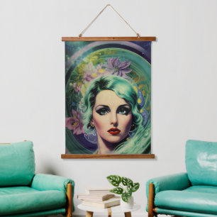 Beautiful Lavender & Green Retro Style Space Woman Hanging Tapestry