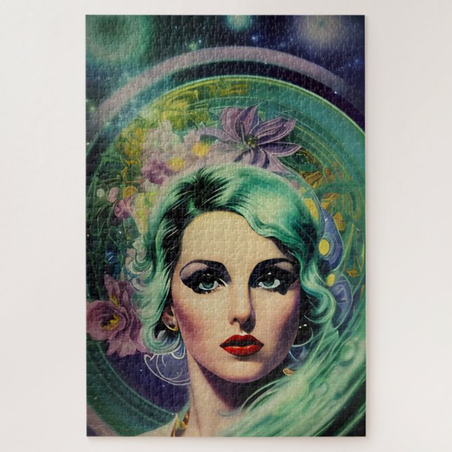 Beautiful Lavender & Green Retro Style Space Woman Jigsaw Puzzle (Vertical)