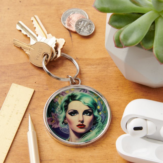 Beautiful Lavender & Green Retro Style Space Woman Keychain (Desk)