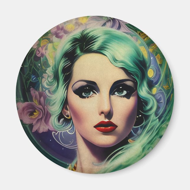 Beautiful Lavender & Green Retro Style Space Woman Magnet (Front)