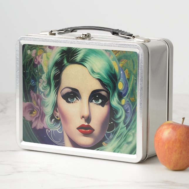 Beautiful Lavender & Green Retro Style Space Woman Metal Lunch Box (In Situ)