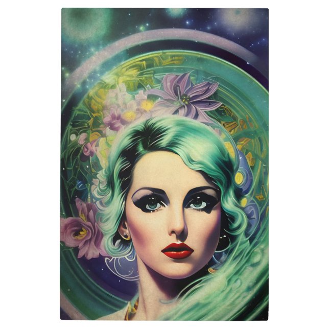 Beautiful Lavender & Green Retro Style Space Woman Metal Print (Front)