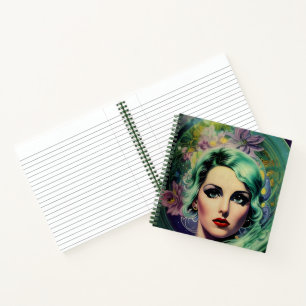 Beautiful Lavender & Green Retro Style Space Woman Notebook