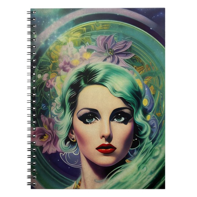Beautiful Lavender & Green Retro Style Space Woman Notebook (Front)