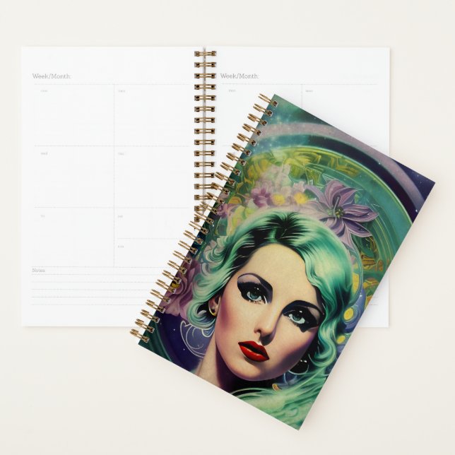 Beautiful Lavender & Green Retro Style Space Woman Planner (Display)
