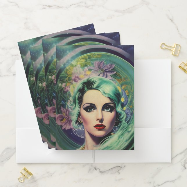 Beautiful Lavender & Green Retro Style Space Woman Pocket Folder (In Situ)