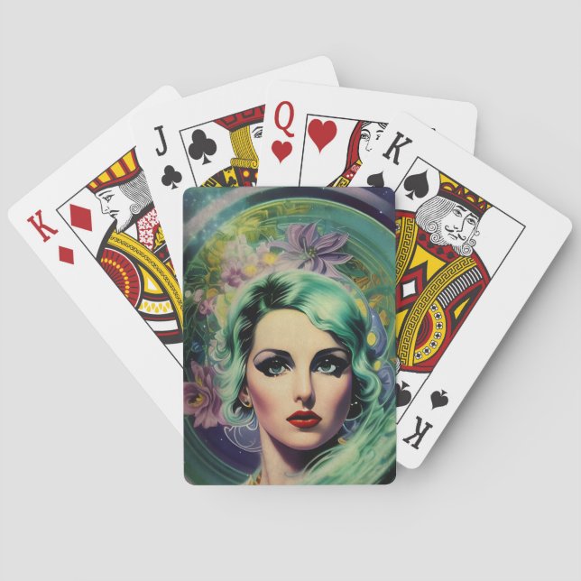 Beautiful Lavender & Green Retro Style Space Woman Poker Cards (Back)