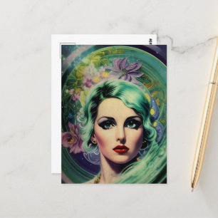 Beautiful Lavender & Green Retro Style Space Woman Postcard