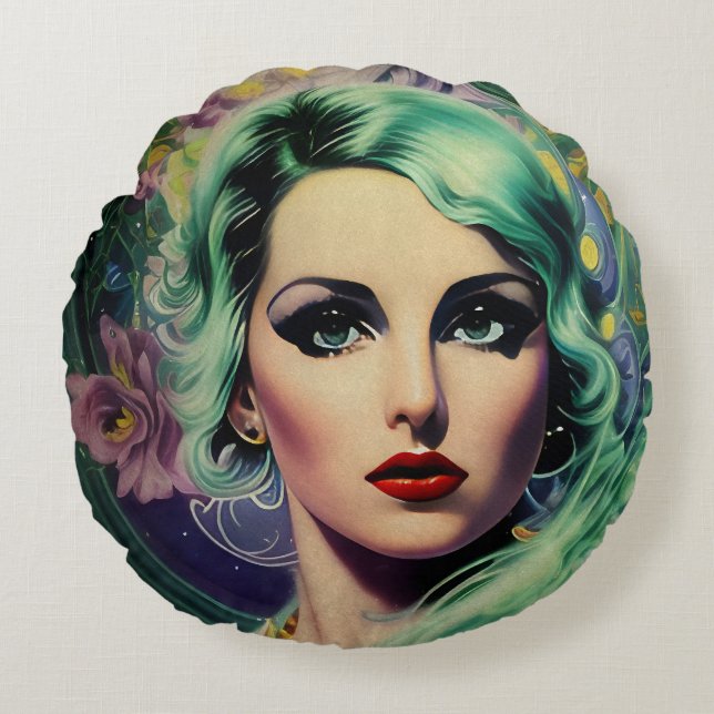 Beautiful Lavender & Green Retro Style Space Woman Round Pillow (Front)