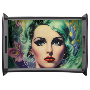 Beautiful Lavender & Green Retro Style Space Woman Serving Tray