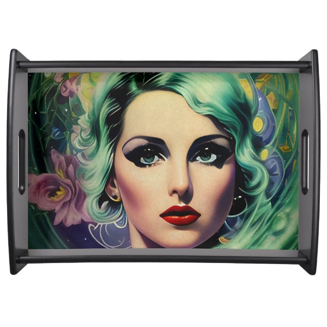 Beautiful Lavender & Green Retro Style Space Woman Serving Tray (Front)