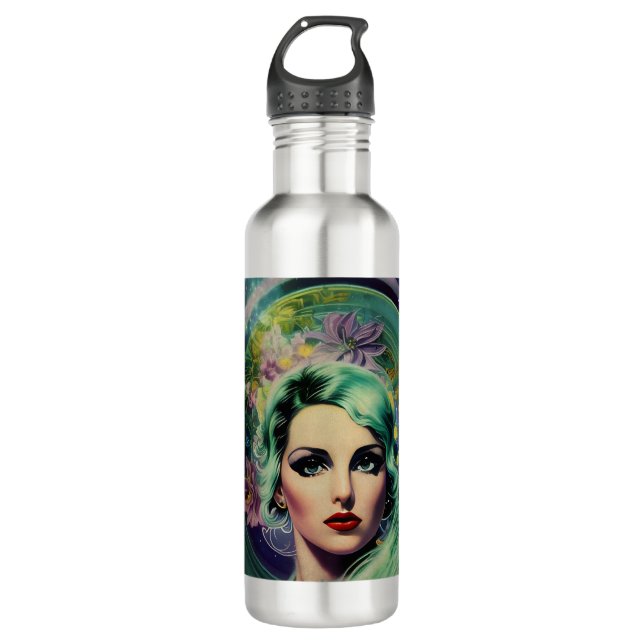 Beautiful Lavender & Green Retro Style Space Woman Stainless Steel Water Bottle (Front)