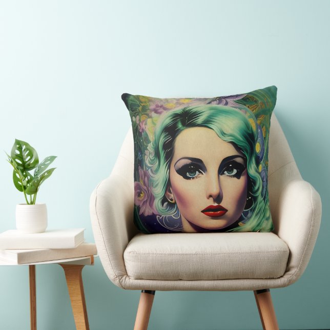 Beautiful Lavender & Green Retro Style Space Woman Throw Pillow (Chair)