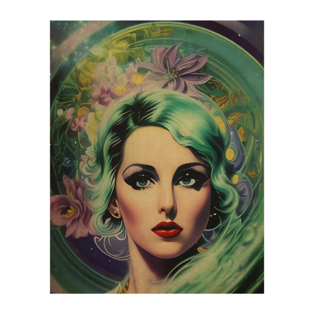 Beautiful Lavender & Green Retro Style Space Woman Wood Wall Art (Front)