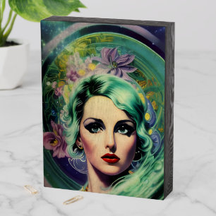 Beautiful Lavender & Green Retro Style Space Woman Wooden Box Sign