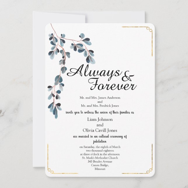 Beautiful Leavs with Gold Line Wedding Invitation  (Front)