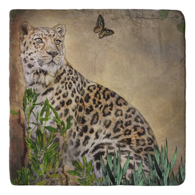 Beautiful Leopard and Butterfly Warm Brown Trivet (Front)