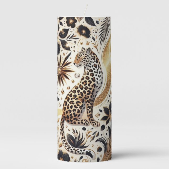 Beautiful Leopard and Gold Glitter  Pillar Candle (Front)