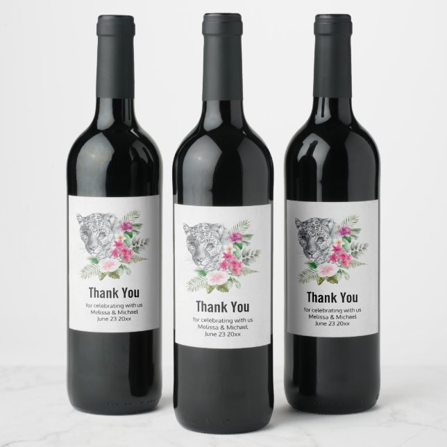 Beautiful Leopard Head in Watercolor Thank You Wine Label (Bottles)