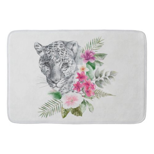 Beautiful Leopard Head Portrait in Watercolor Bath Mat