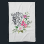 Beautiful Leopard Head Portrait in Watercolor Kitchen Towel<br><div class="desc">A kitchen towel with a beautiful illustration featuring a gray,  black and white leopard portrait. This lovely animal is surrounded by a tropical flower bouquet. Elegant,  exotic and lovely.</div>