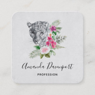 Beautiful Leopard Head Portrait in Watercolor Square Business Card