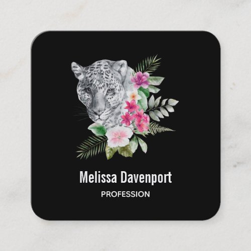 Beautiful Leopard Head Portrait in Watercolor Square Business Card