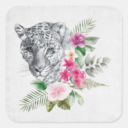 Beautiful Leopard Head Portrait in Watercolor Square Sticker