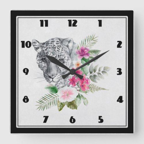 Beautiful Leopard Head Portrait in Watercolor Square Wall Clock