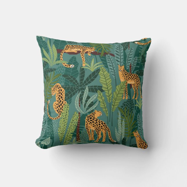 Beautiful Leopards And Tropical Leaves Throw Pillow (Front)