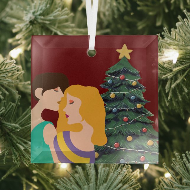 Beautiful Lesbian Couple Art Christmas Tree Red Glass Ornament (Insitu)