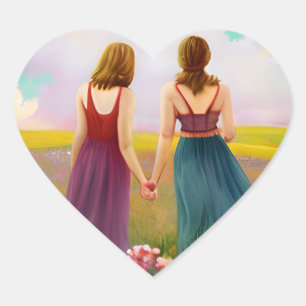 Beautiful Lesbian Couple in Field of Flowers Heart Sticker