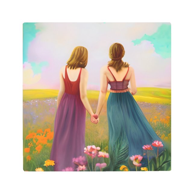 Beautiful Lesbian Couple in Field of Flowers Metal Print (Front)