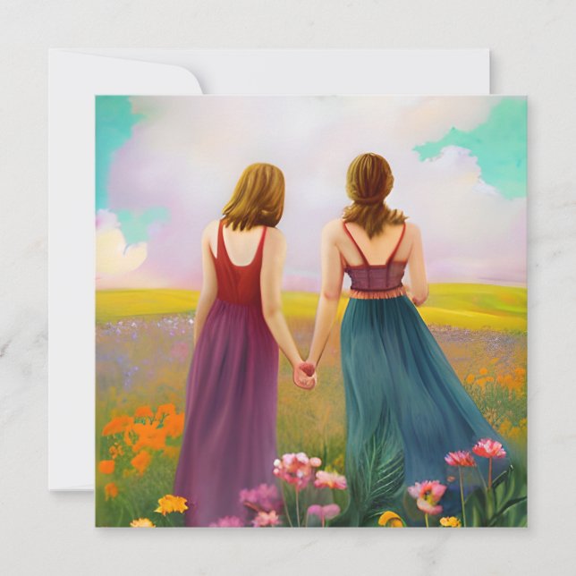 Beautiful Lesbian Couple in Field of Flowers Note Card (Front)