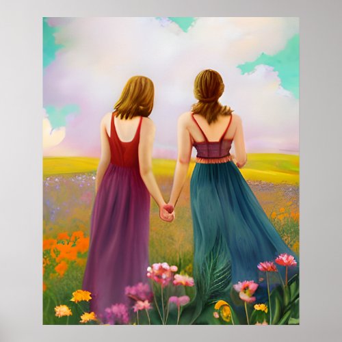 Beautiful Lesbian Couple in Field of Flowers Poster