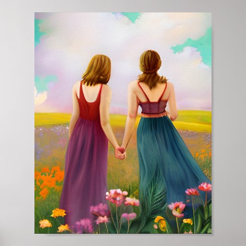 Beautiful Lesbian Couple in Field of Flowers Poster