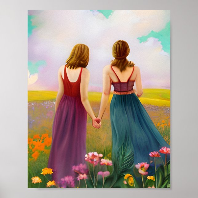 Beautiful Lesbian Couple in Field of Flowers Poster (Front)