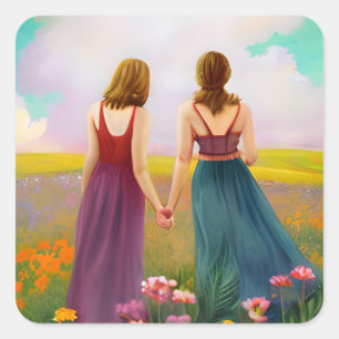 Beautiful Lesbian Couple in Field of Flowers Square Sticker