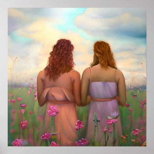 Beautiful Lesbian Couple in Meadow of Flowers Poster