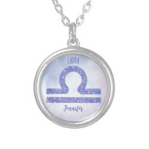 Beautiful Libra Astrology Sign Personalized Purple Silver Plated Necklace