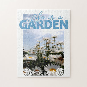 Beautiful Life is a Garden Quote Sky Blue Daisies Jigsaw Puzzle