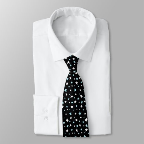 Beautiful Light Blue and White Stars on Black Neck Tie