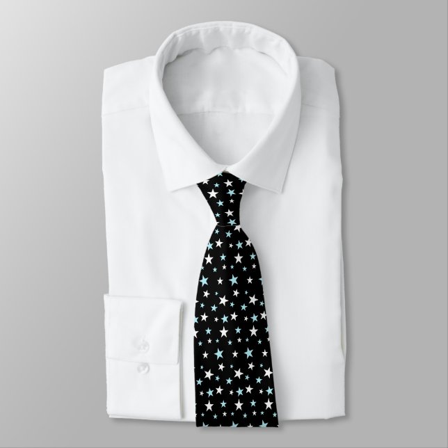 Beautiful Light Blue and White Stars on Black Neck Tie (Tied)