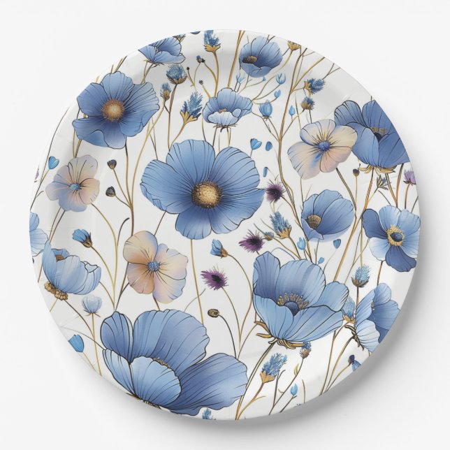 Beautiful light blue wildflower paper plates (Front)