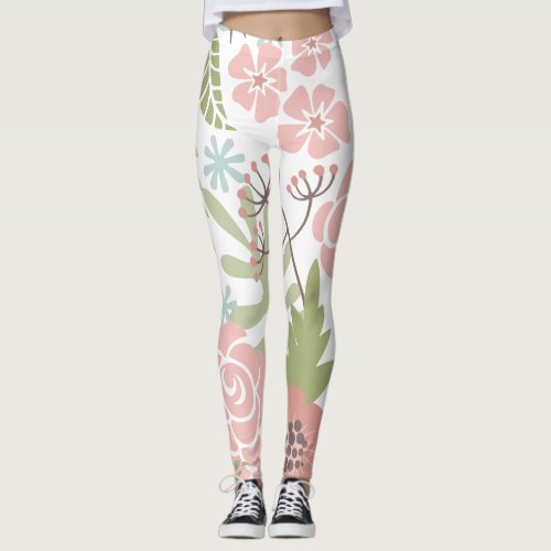 Beautiful Light Pink and Green Flowers Leggings