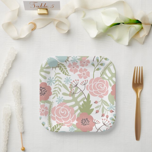 Beautiful Light Pink and Green Flowers Paper Plates (Wedding)