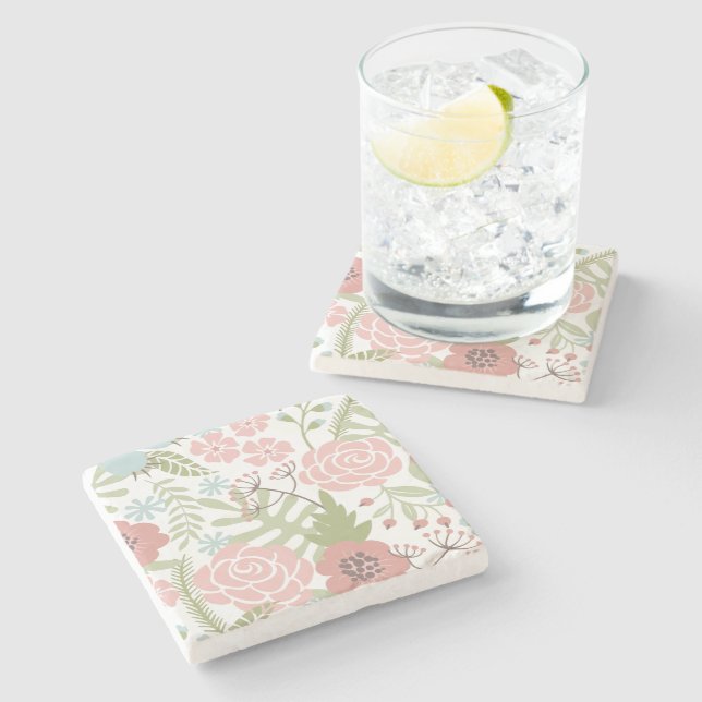 Beautiful Light Pink and Green Flowers Stone Coaster (Side)