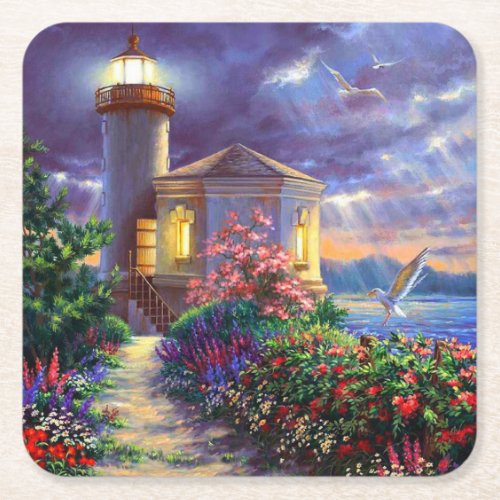 Beautiful Lighthouse at Sunset Fine Art Square Paper Coaster