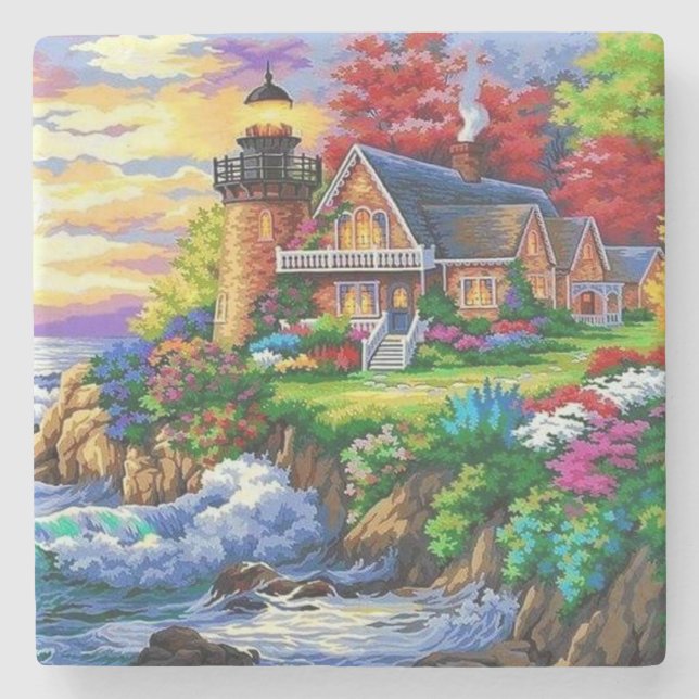 Beautiful Lighthouse Cottage Stone Coaster (Front)
