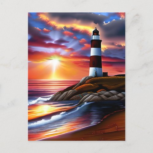 Beautiful Lighthouse Sunset and Ocean Waves Postcard